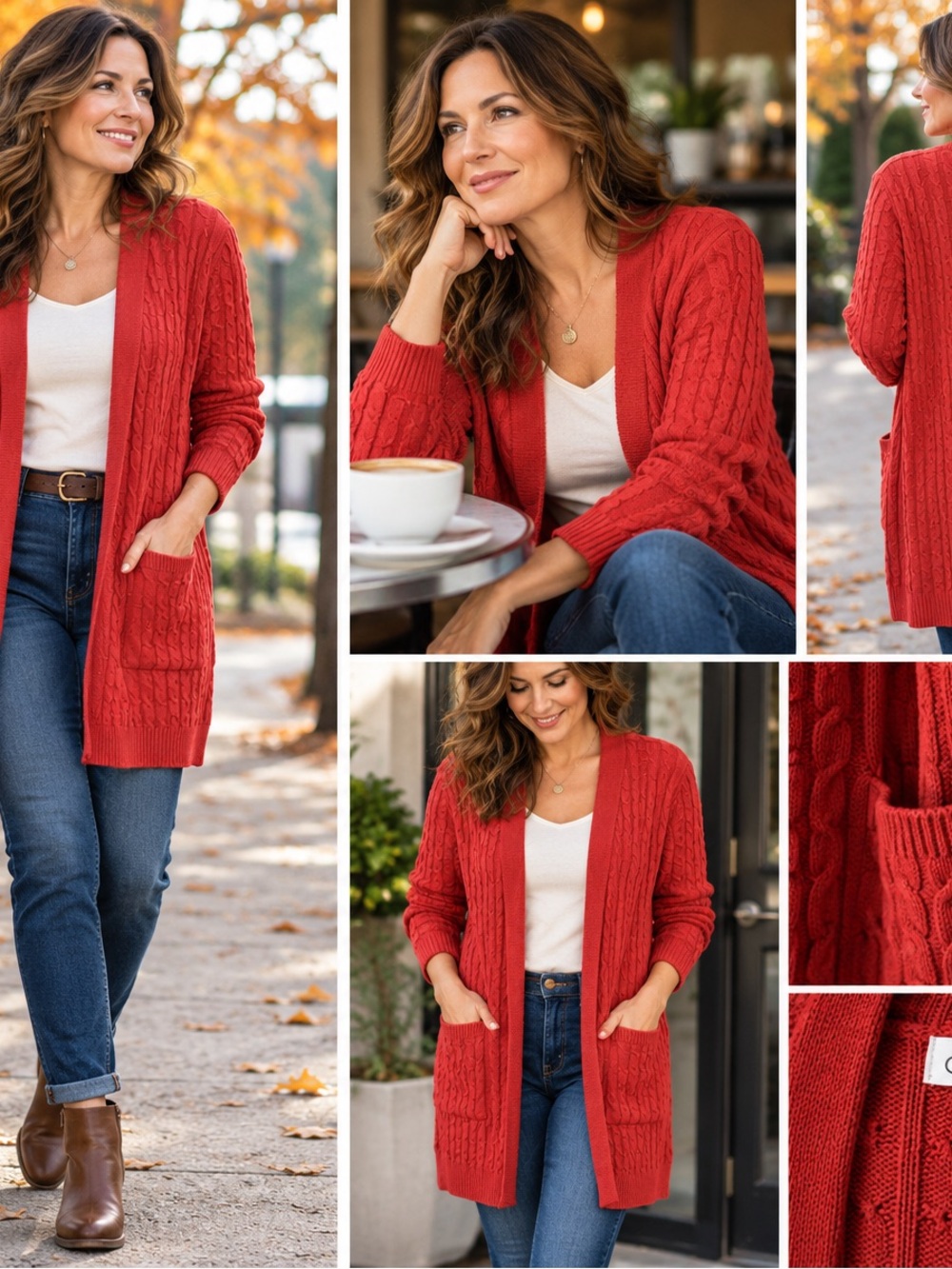 Cozy Cable Knit Open-Front Cardigan - Red
